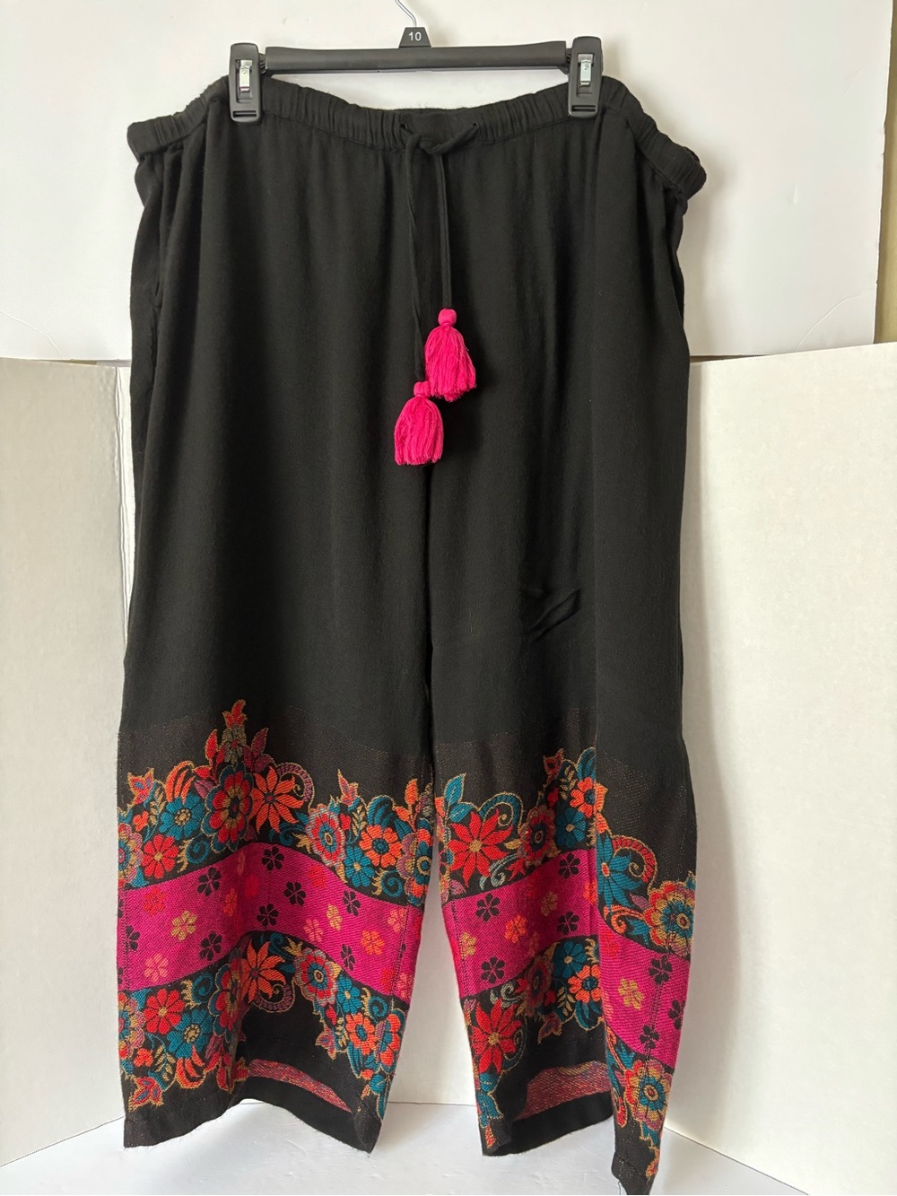 Avanti Black Wide-Leg Pants with Pink Tassels and Floral Hem Boho Vacation Vibe